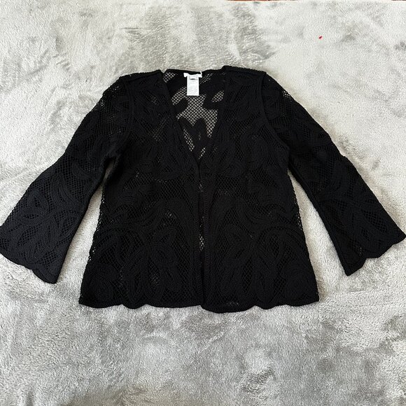 Chico's Black Crochet Knit Cardigan Women's 1 US Medium 8/10 Bell Sleeves - Picture 1 of 5